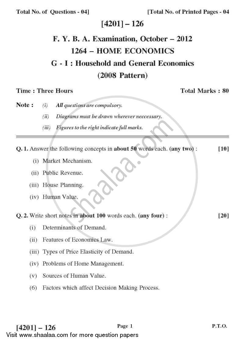 Home Economics General Paper 1- Household and General Economics 2012-2013 - B.A. - 1st Year (FYBA) - University of Pune question paper with PDF download