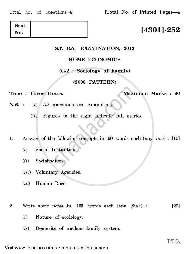 Home Economics General Paper 2- Sociology of Family 2012-2013 - B.A. - 2nd Year (SYBA) - University of Pune question paper with PDF download