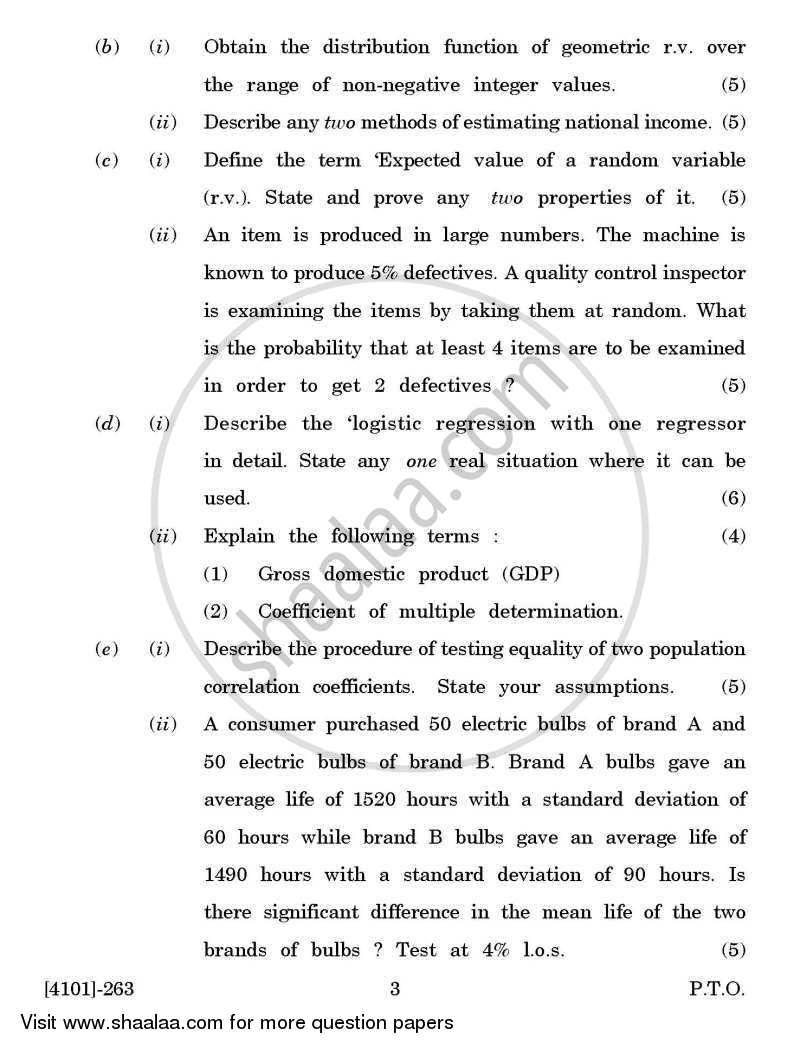 Mathematical Statistics General Paper 2- Discrete Probability Distributions and Statistical Methods 2011-2012 - B.A. - 2nd Year (SYBA) - University of Pune question paper with PDF download