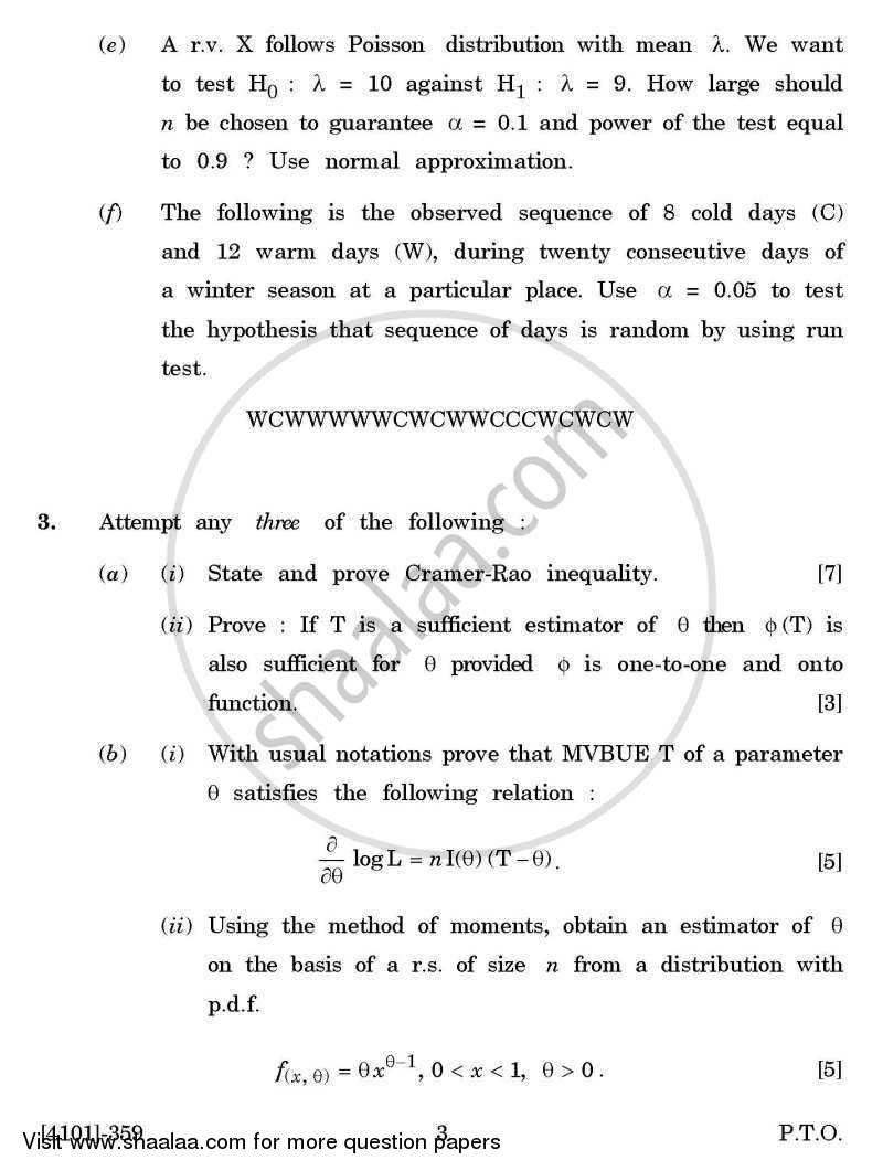 Mathematical Statistics General Paper 3- Statistical Inference 2011-2012 - B.A. - 3rd Year (TYBA) - University of Pune question paper with PDF download