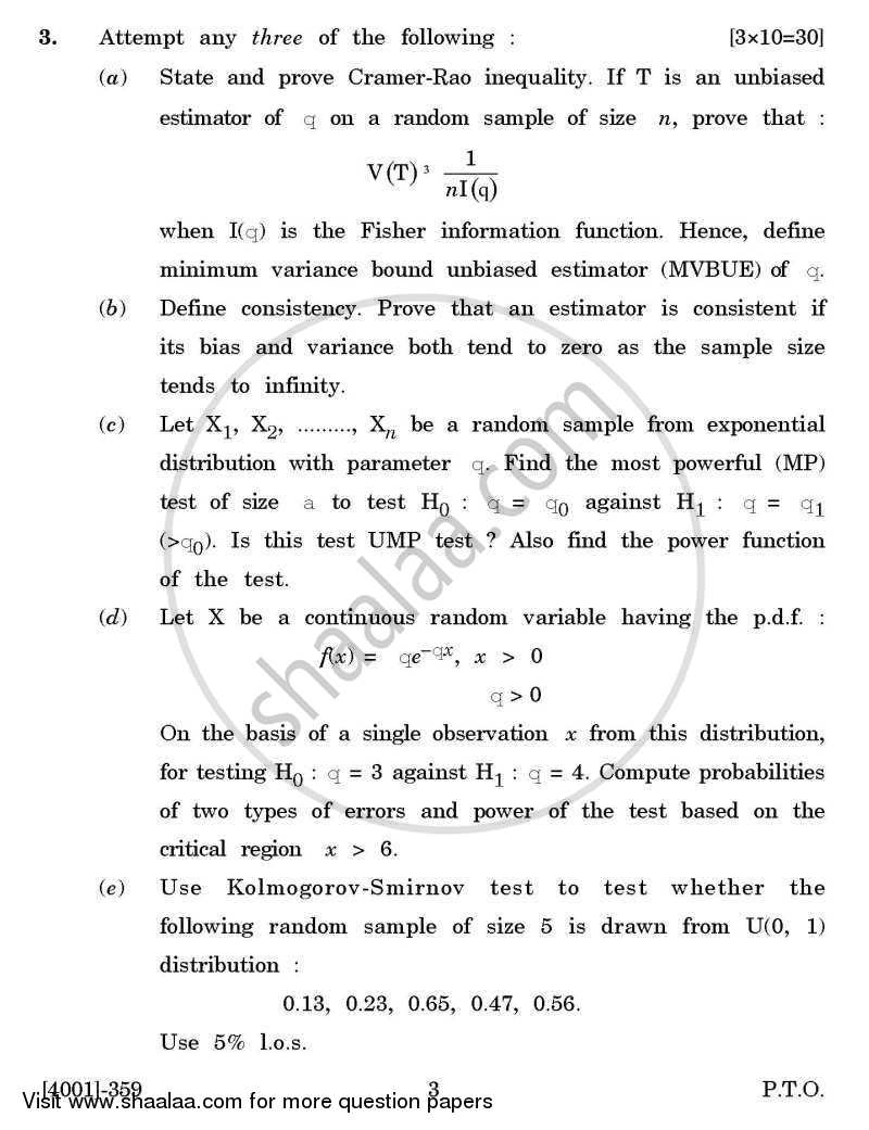 Mathematical Statistics General Paper 3- Statistical Inference 2011-2012 - B.A. - 3rd Year (TYBA) - University of Pune question paper with PDF download