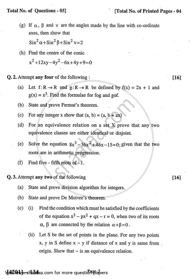 Mathematics General Paper 1- Algebra and Geometry 2012-2013 - B.A. - 1st Year (FYBA) - University of Pune question paper with PDF download