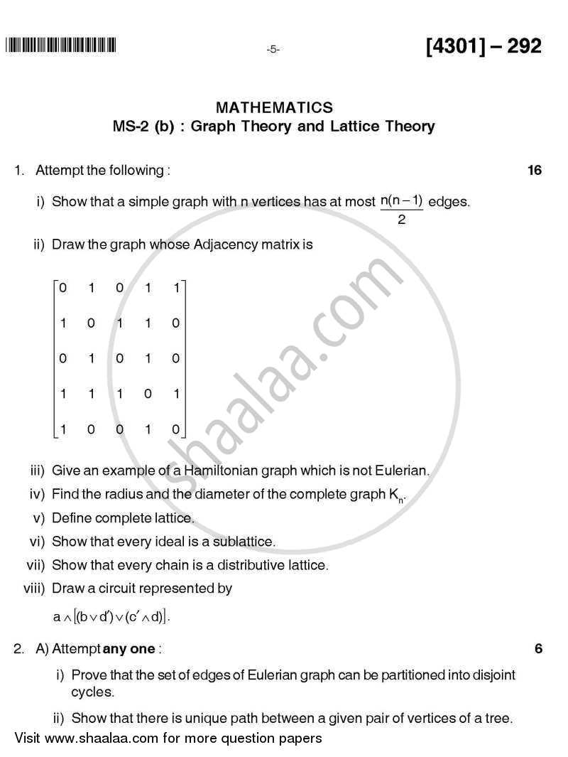 Mathematics Special Paper 2- Graph Theory and Lattice Theory 2012-2013 - B.A. - 2nd Year (SYBA) - University of Pune question paper with PDF download