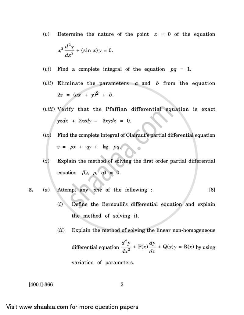 Mathematics Special Paper 4- Ordinary Differential Equations and Partial Differential Equations 2011-2012 - B.A. - 3rd Year (TYBA) - University of Pune question paper with PDF download