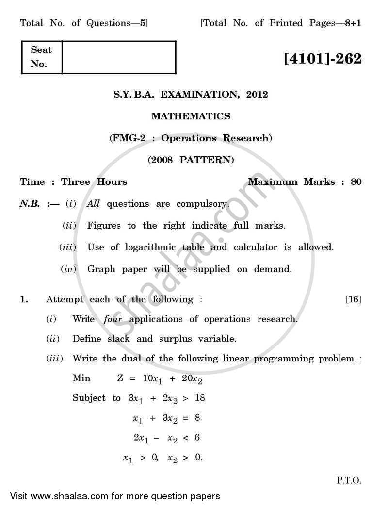 Operations Research 2011-2012 - B.A. - 2nd Year (SYBA) - University of Pune question paper with PDF download