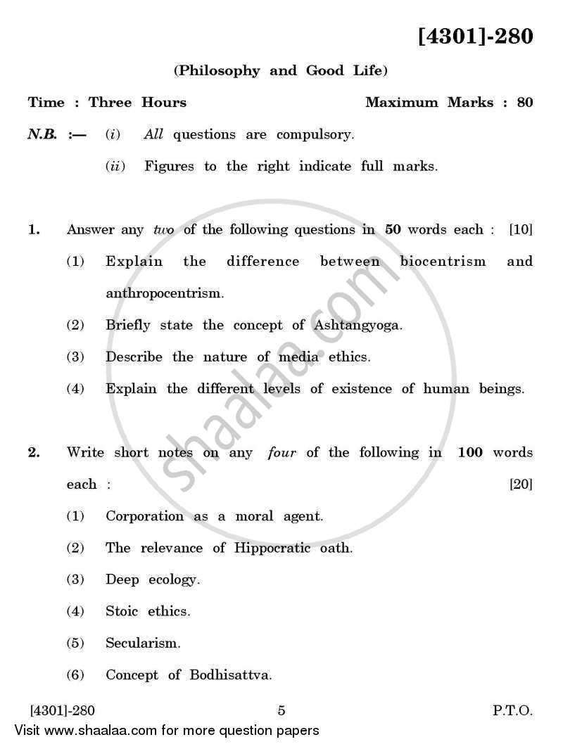 Philosophy General Paper 2- Philosophy and Good Life 2012-2013 - B.A. - 2nd Year (SYBA) - University of Pune question paper with PDF download