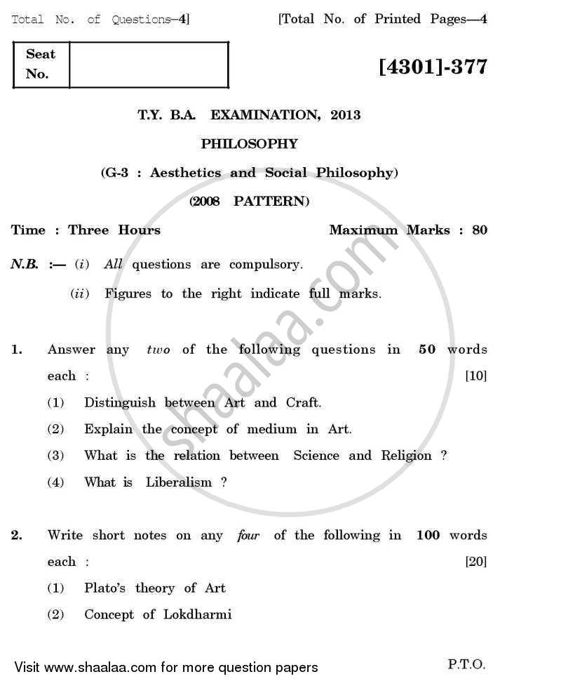 Philosophy General Paper 3- Aesthetics and Social Philosophy 2012-2013 - B.A. - 3rd Year (TYBA) - University of Pune question paper with PDF download
