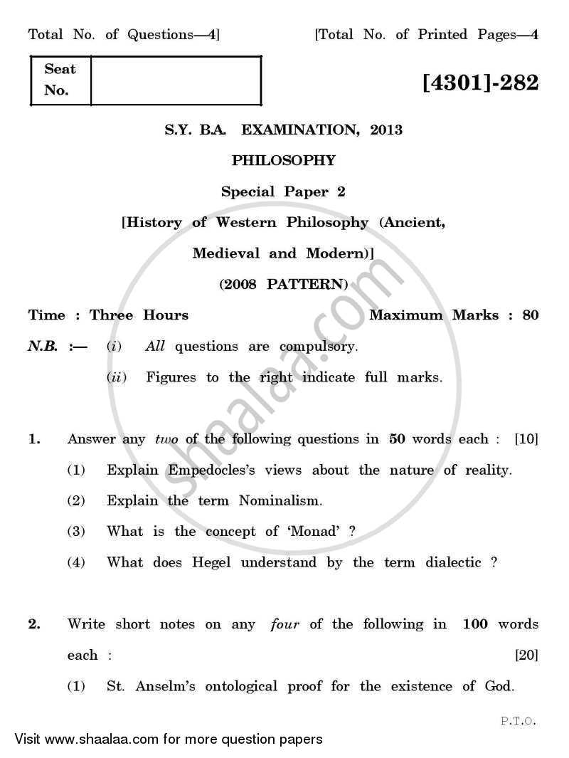 Philosophy Special Paper 2- History of Western Philosophy (Ancient Medievals and Modern) 2012-2013 - B.A. - 2nd Year (SYBA) - University of Pune question paper with PDF download