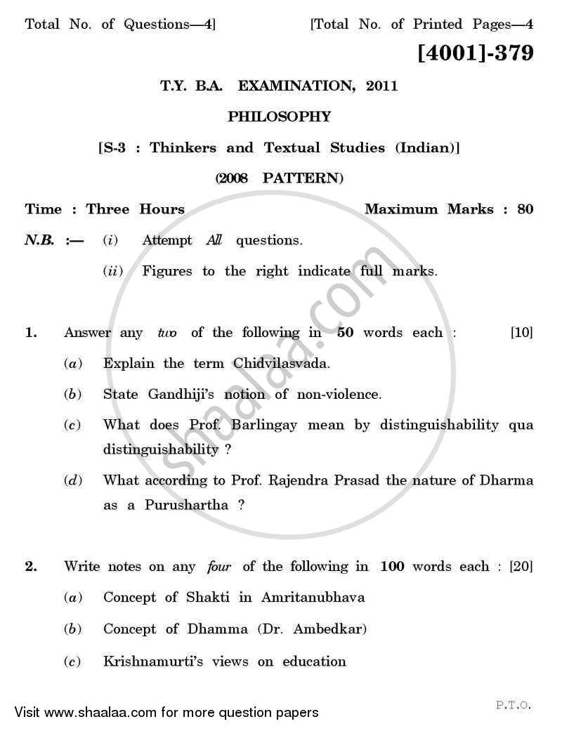 Philosophy Special Paper 3- Thinkers and Textual Studies (Indian) 2011-2012 - B.A. - 3rd Year (TYBA) - University of Pune question paper with PDF download