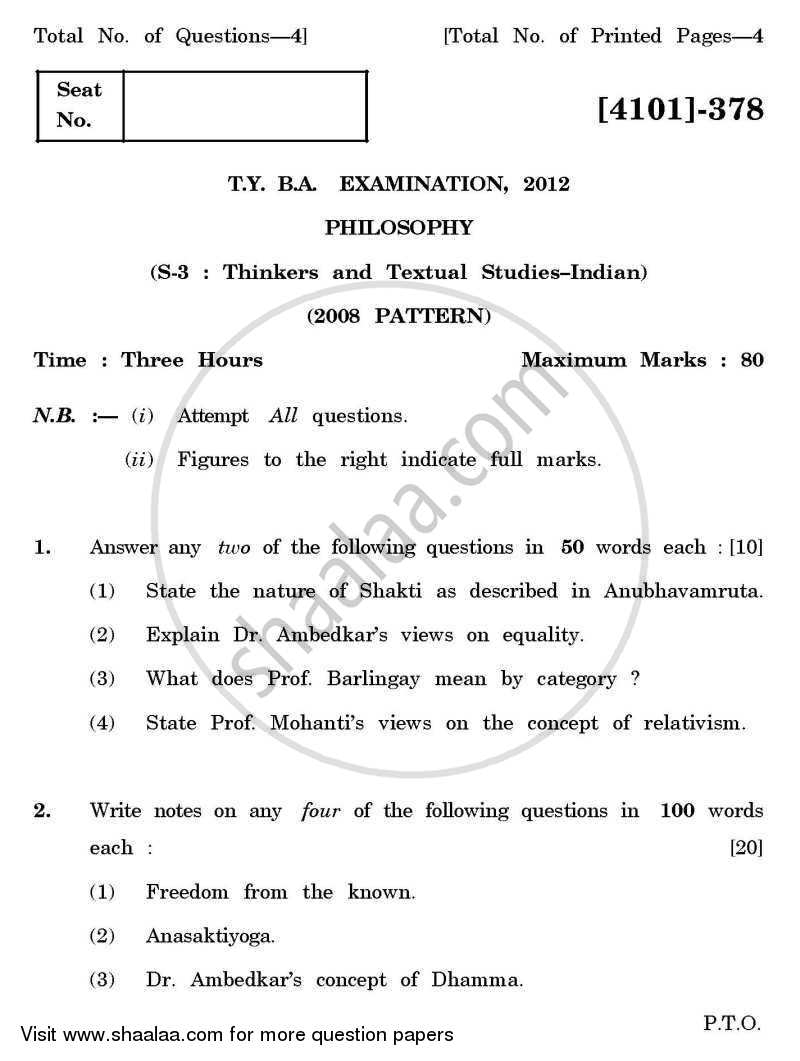 Philosophy Special Paper 3- Thinkers and Textual Studies (Indian) 2011-2012 - B.A. - 3rd Year (TYBA) - University of Pune question paper with PDF download