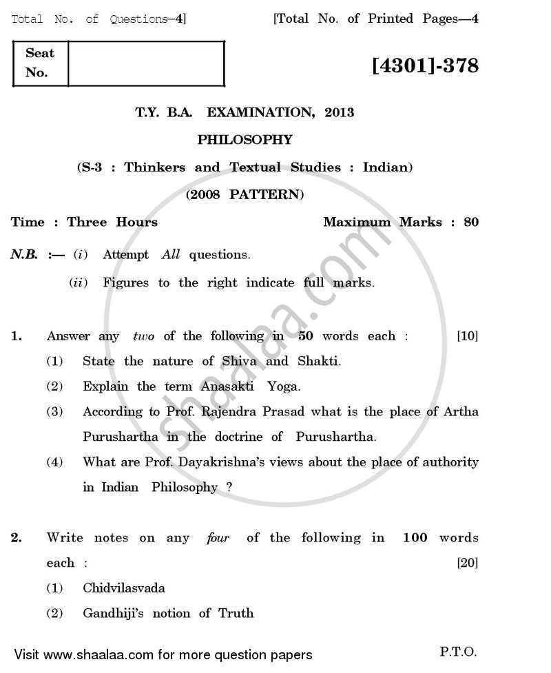 Philosophy Special Paper 3- Thinkers and Textual Studies (Indian) 2012-2013 - B.A. - 3rd Year (TYBA) - University of Pune question paper with PDF download