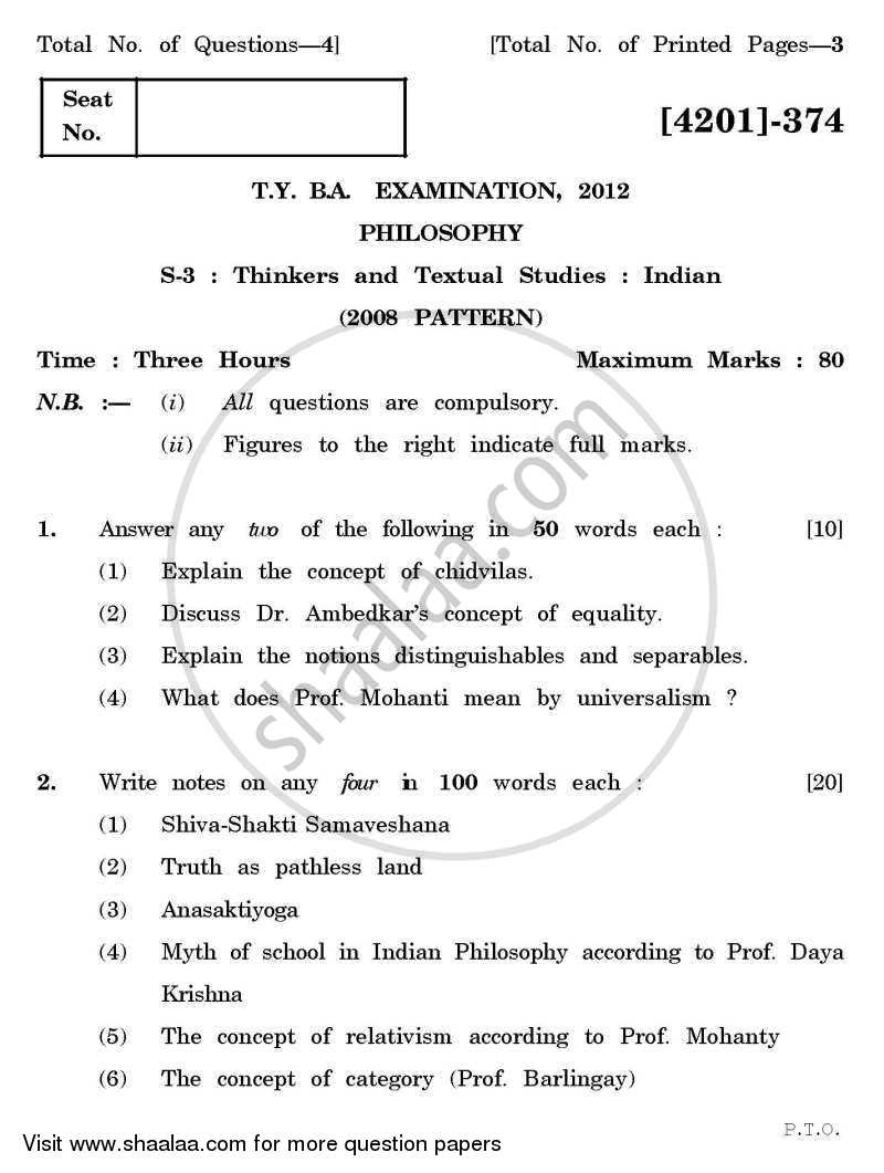 Philosophy Special Paper 3- Thinkers and Textual Studies (Indian) 2012-2013 - B.A. - 3rd Year (TYBA) - University of Pune question paper with PDF download