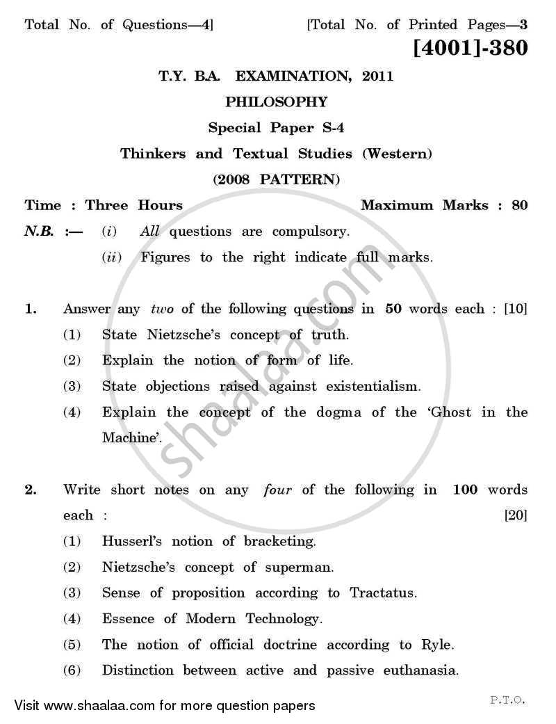 Philosophy Special Paper 4- Thinkers and Textual Studies (Western) 2011-2012 - B.A. - 3rd Year (TYBA) - University of Pune question paper with PDF download