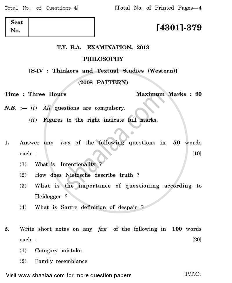 Philosophy Special Paper 4- Thinkers and Textual Studies (Western) 2012-2013 - B.A. - 3rd Year (TYBA) - University of Pune question paper with PDF download