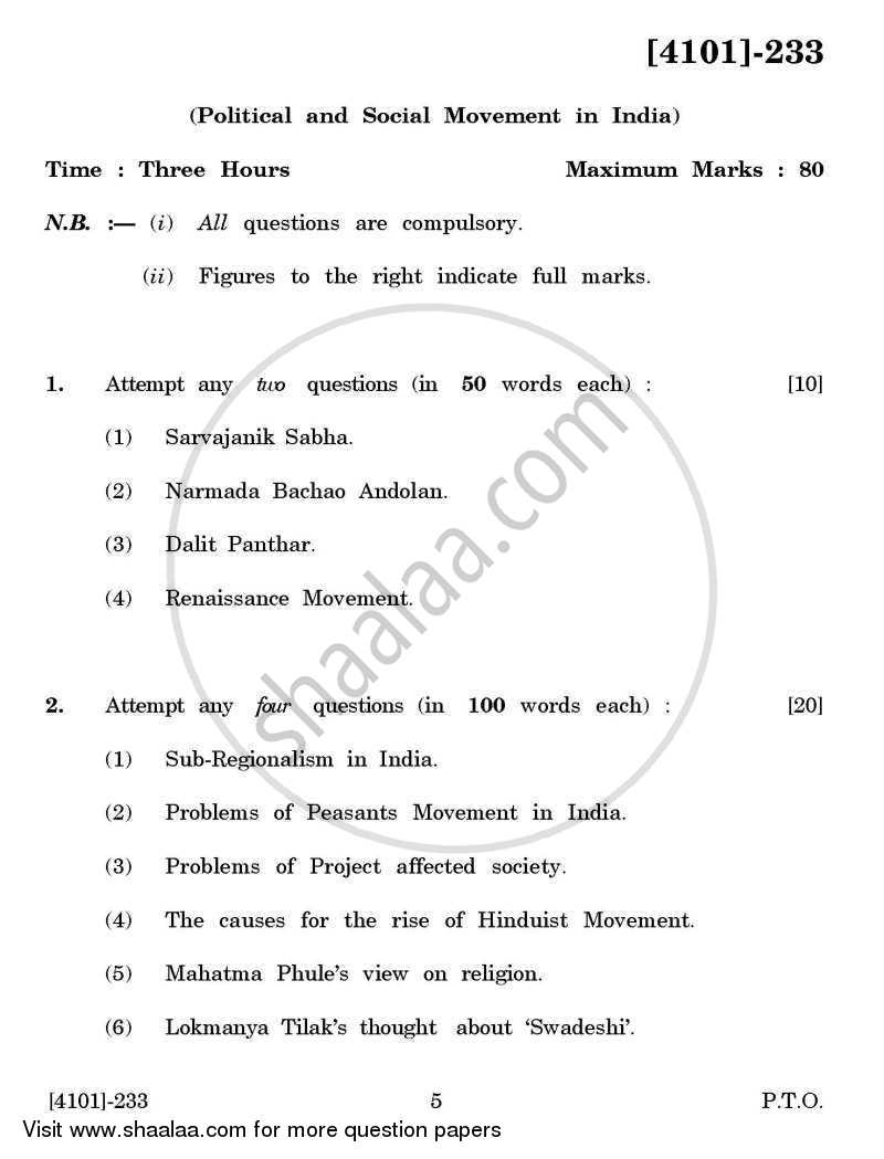 Political Science General Paper 2- Political and Social Movements in India 2011-2012 - B.A. - 2nd Year (SYBA) - University of Pune question paper with PDF download