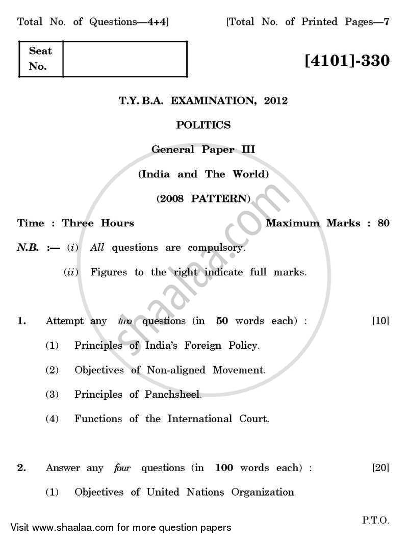 Political Science General Paper 3- India and the World 2011-2012 - B.A. - 3rd Year (TYBA) - University of Pune question paper with PDF download