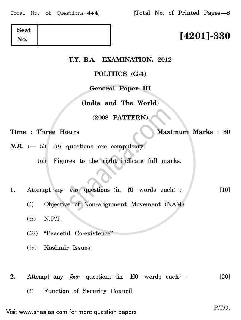 Political Science General Paper 3- India and the World 2012-2013 - B.A. - 3rd Year (TYBA) - University of Pune question paper with PDF download