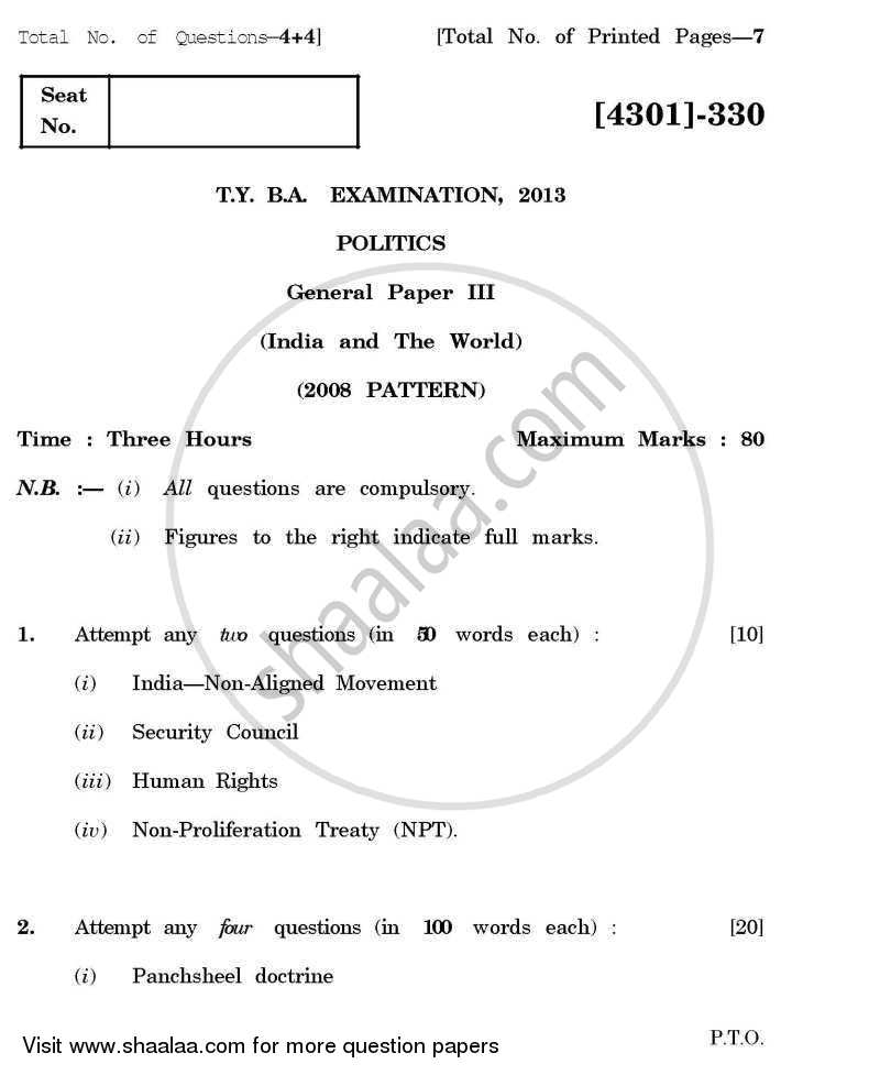 Political Science General Paper 3- India and the World 2012-2013 - B.A. - 3rd Year (TYBA) - University of Pune question paper with PDF download
