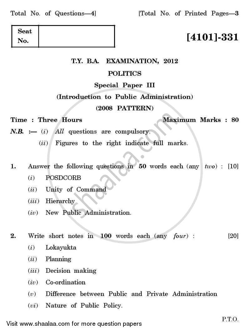 Political Science Special Paper 3- Public Administration 2011-2012 - B.A. - 3rd Year (TYBA) - University of Pune question paper with PDF download
