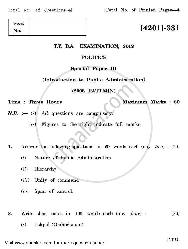 Political Science Special Paper 3- Public Administration 2012-2013 - B.A. - 3rd Year (TYBA) - University of Pune question paper with PDF download