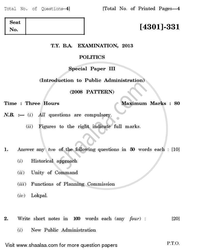 Political Science Special Paper 3- Public Administration 2012-2013 - B.A. - 3rd Year (TYBA) - University of Pune question paper with PDF download