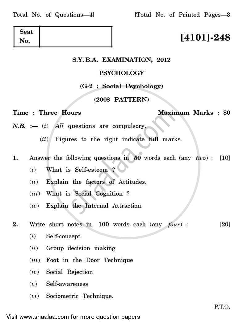 Psychology General Paper 2- Social Psychology 2011-2012 - B.A. - 2nd Year (SYBA) - University of Pune question paper with PDF download