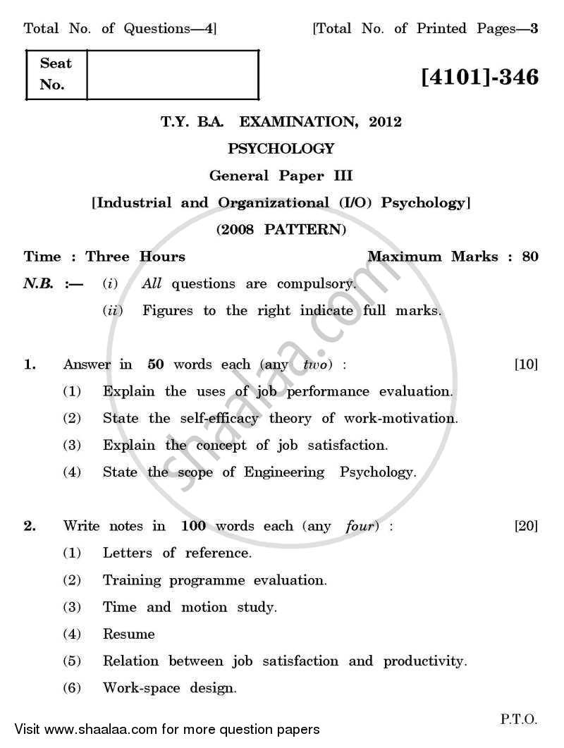 Psychology General Paper 3- Industrial and Organizational Psychology 2011-2012 - B.A. - 3rd Year (TYBA) - University of Pune question paper with PDF download