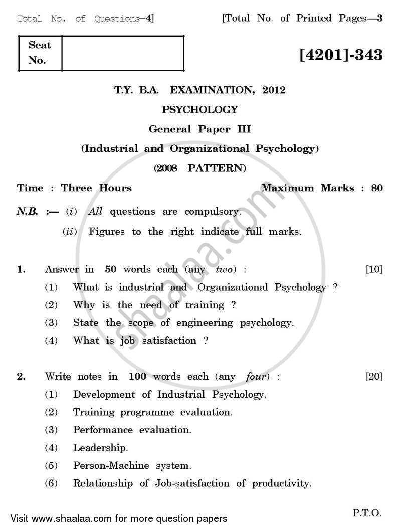 Psychology General Paper 3- Industrial and Organizational Psychology 2012-2013 - B.A. - 3rd Year (TYBA) - University of Pune question paper with PDF download