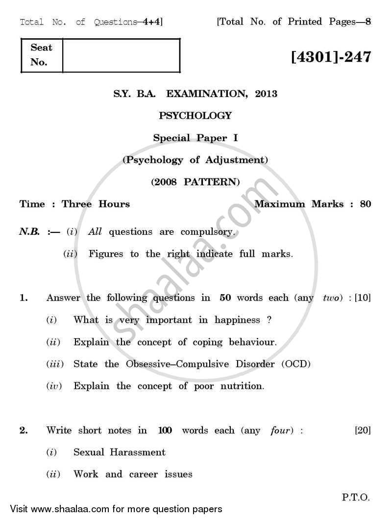 Psychology Special Paper 1(A)- Psychology of Adjustment 2012-2013 - B.A. - 2nd Year (SYBA) - University of Pune question paper with PDF download
