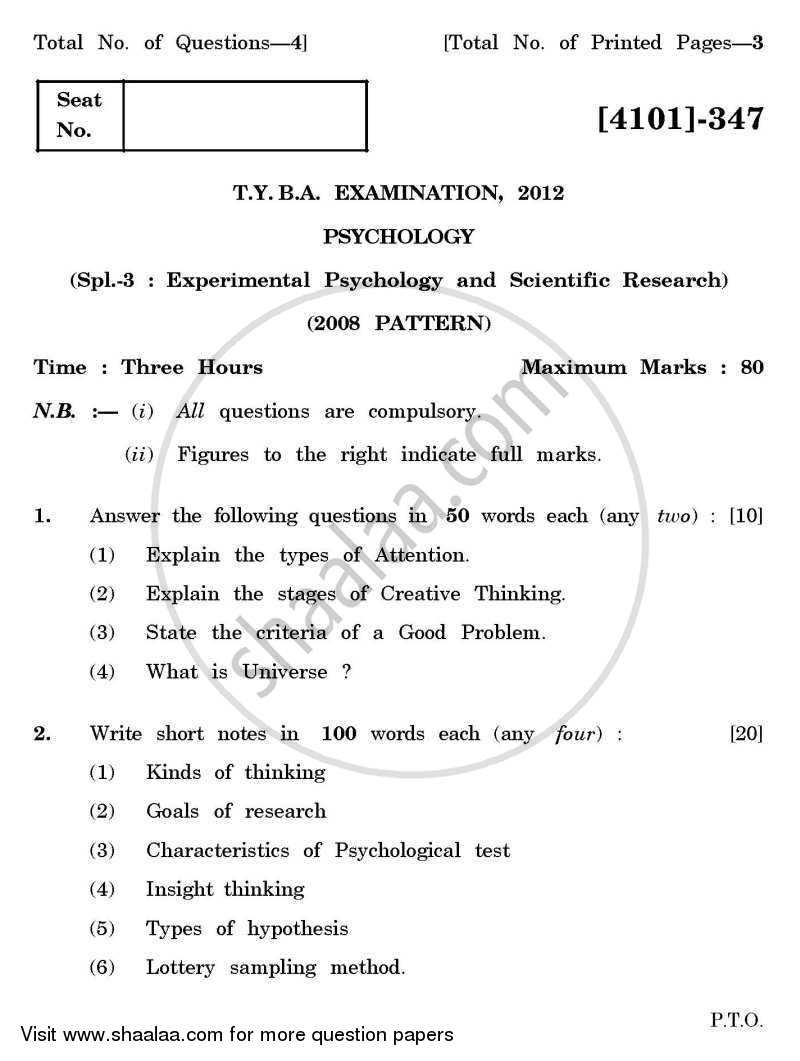 Psychology Special Paper 3- Experimental Psychology and Scientific Research 2011-2012 - B.A. - 3rd Year (TYBA) - University of Pune question paper with PDF download