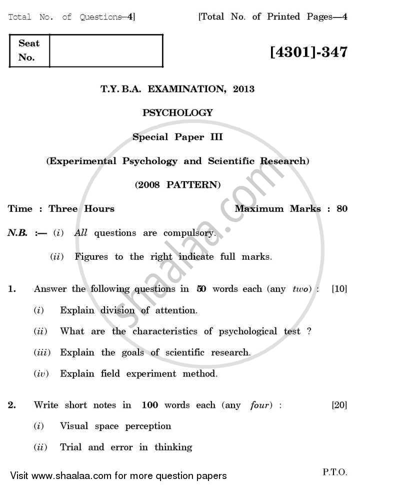 Psychology Special Paper 3- Experimental Psychology and Scientific Research 2012-2013 - B.A. - 3rd Year (TYBA) - University of Pune question paper with PDF download