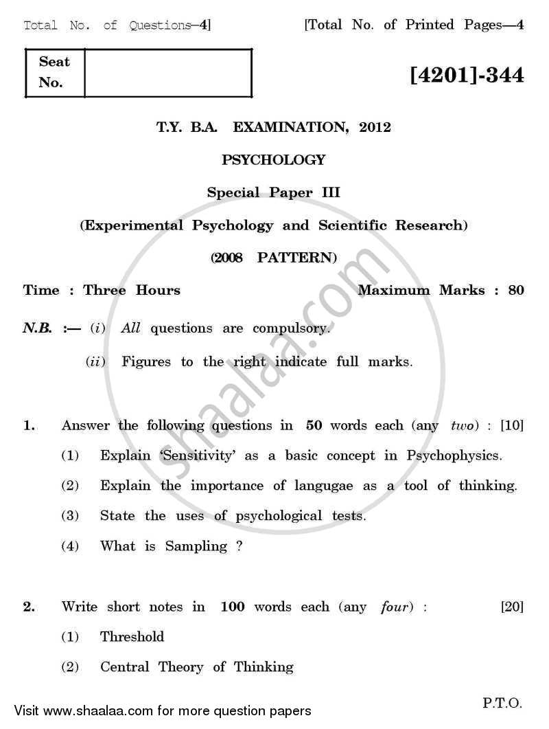 Psychology Special Paper 3- Experimental Psychology and Scientific Research 2012-2013 - B.A. - 3rd Year (TYBA) - University of Pune question paper with PDF download