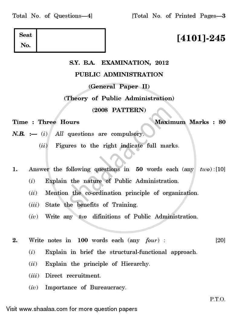 Public Administration General Paper 2- Theory of Public Administration 2011-2012 - B.A. - 2nd Year (SYBA) - University of Pune question paper with PDF download