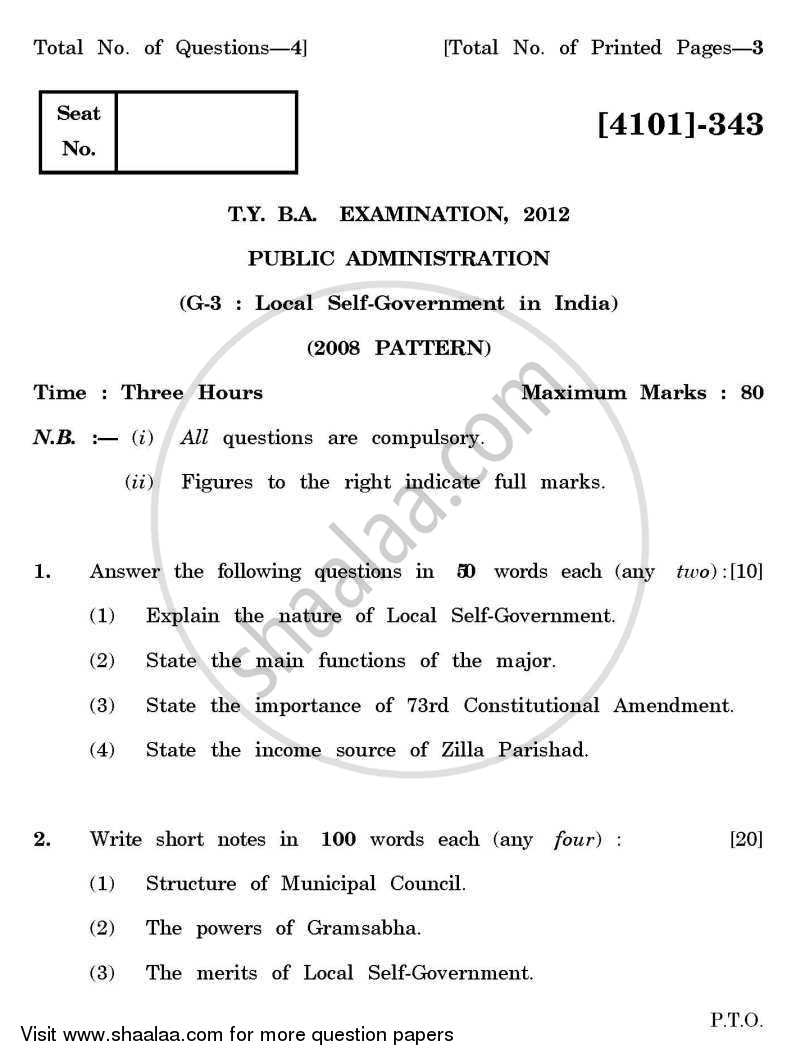 Public Administration General Paper 3- Local Self Government in India 2011-2012 - B.A. - 3rd Year (TYBA) - University of Pune question paper with PDF download