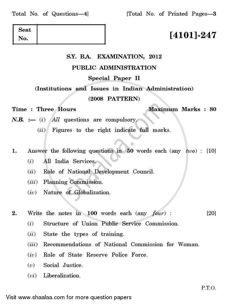 Public Administration Special Paper 2- Institutions and Issues in Indian Administration 2011-2012 - B.A. - 2nd Year (SYBA) - University of Pune question paper with PDF download