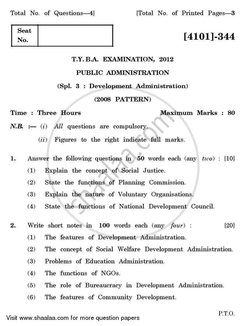 Public Administration Special Paper 3- Development Administration 2011-2012 - B.A. - 3rd Year (TYBA) - University of Pune question paper with PDF download