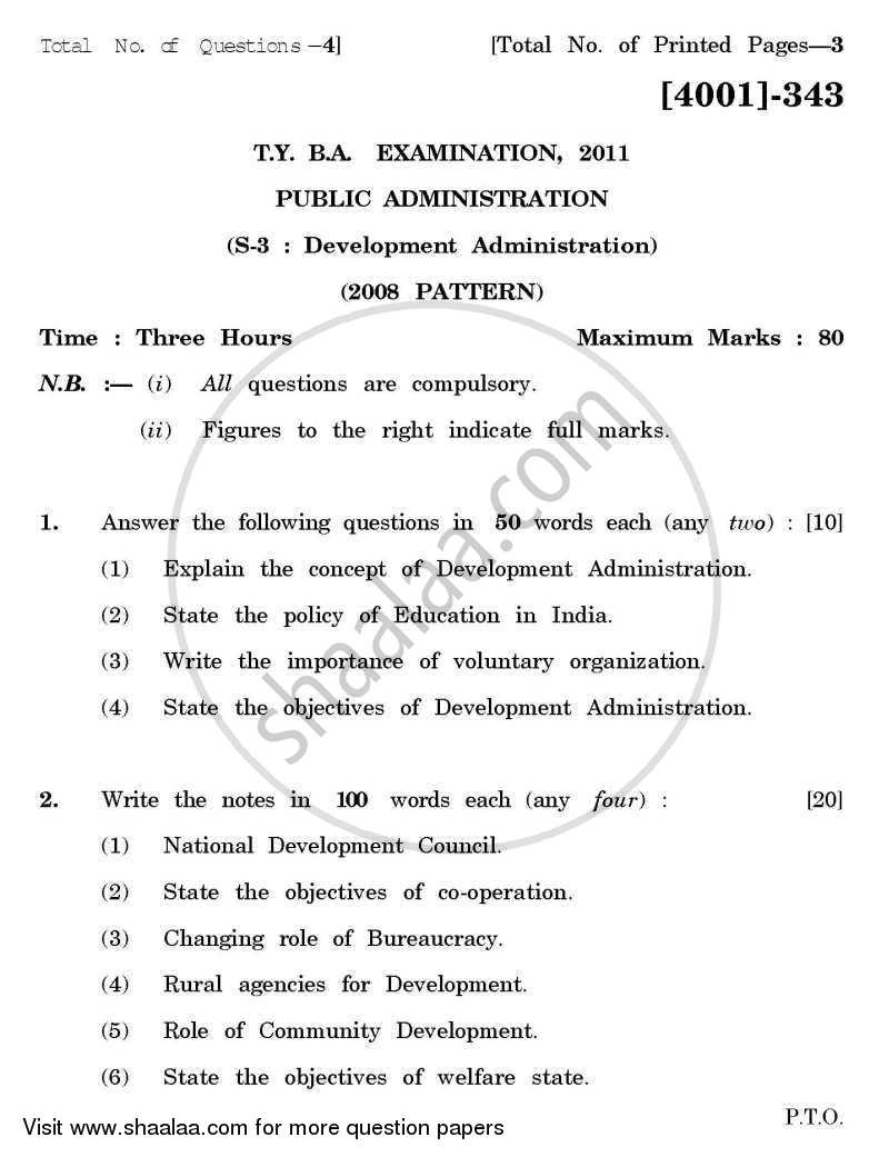 Public Administration Special Paper 3- Development Administration 2011-2012 - B.A. - 3rd Year (TYBA) - University of Pune question paper with PDF download