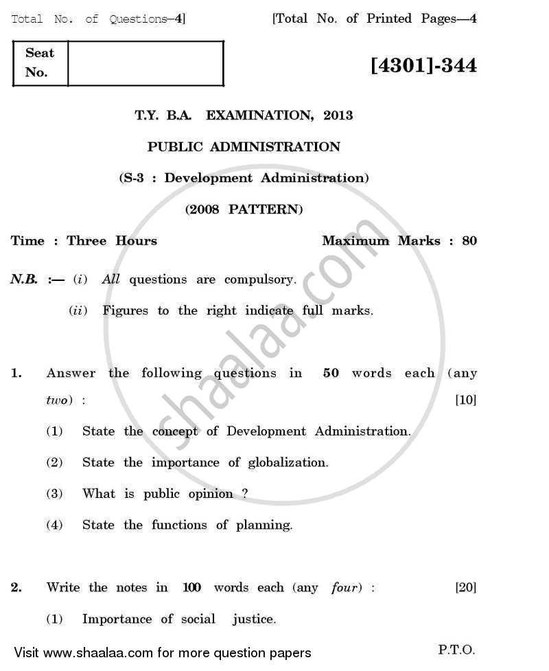 Public Administration Special Paper 3- Development Administration 2012-2013 - B.A. - 3rd Year (TYBA) - University of Pune question paper with PDF download