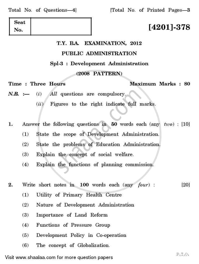 Public Administration Special Paper 3- Development Administration 2012-2013 - B.A. - 3rd Year (TYBA) - University of Pune question paper with PDF download