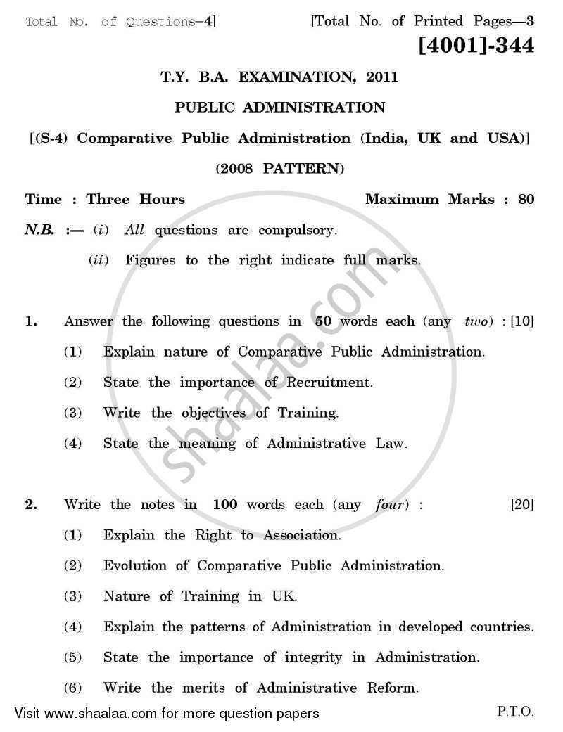Public Administration Special Paper 4- Comparative Public Administration (India /U.K / U.S.A) 2011-2012 - B.A. - 3rd Year (TYBA) - University of Pune question paper with PDF download