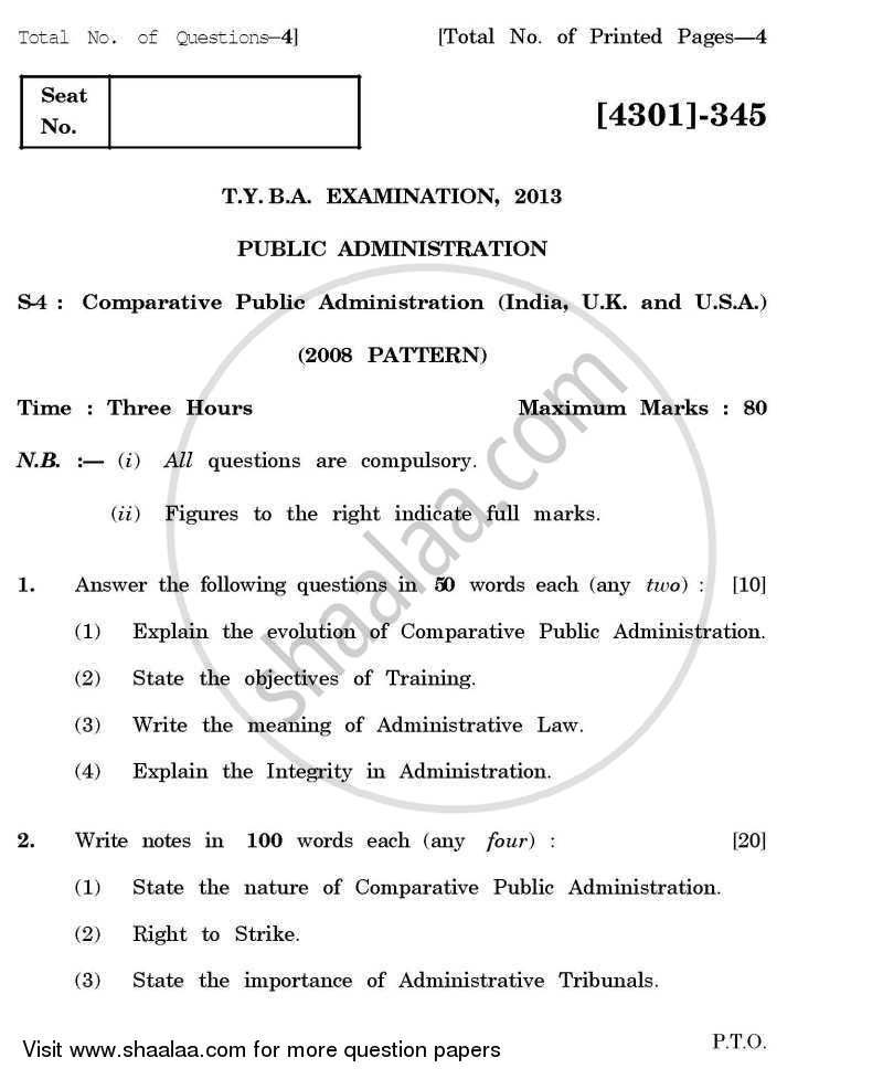 Public Administration Special Paper 4- Comparative Public Administration (India /U.K / U.S.A) 2012-2013 - B.A. - 3rd Year (TYBA) - University of Pune question paper with PDF download