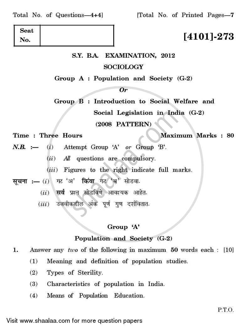 Sociology General Paper 2- Population and Society 2011-2012 - B.A. - 2nd Year (SYBA) - University of Pune question paper with PDF download