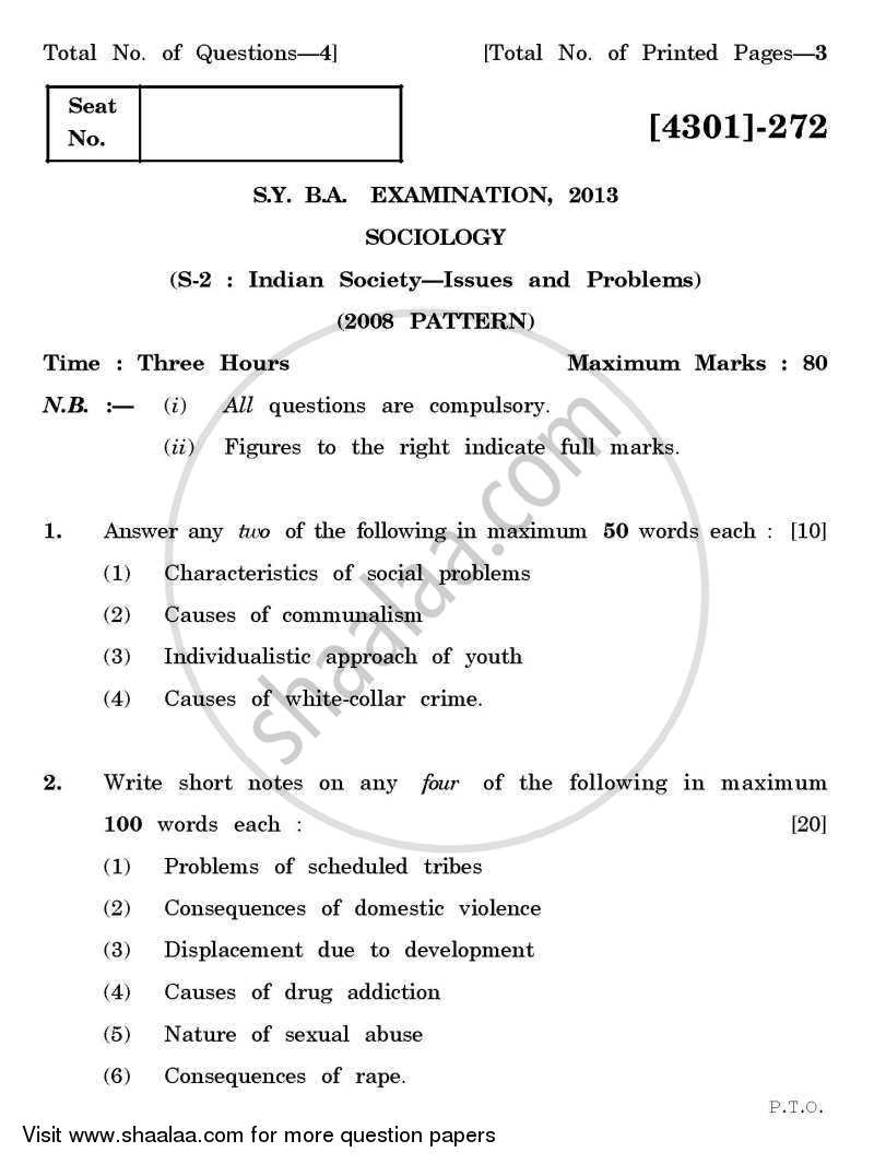 Sociology Special Paper 2- Indian Society: Issues and Problems 2012-2013 - B.A. - 2nd Year (SYBA) - University of Pune question paper with PDF download