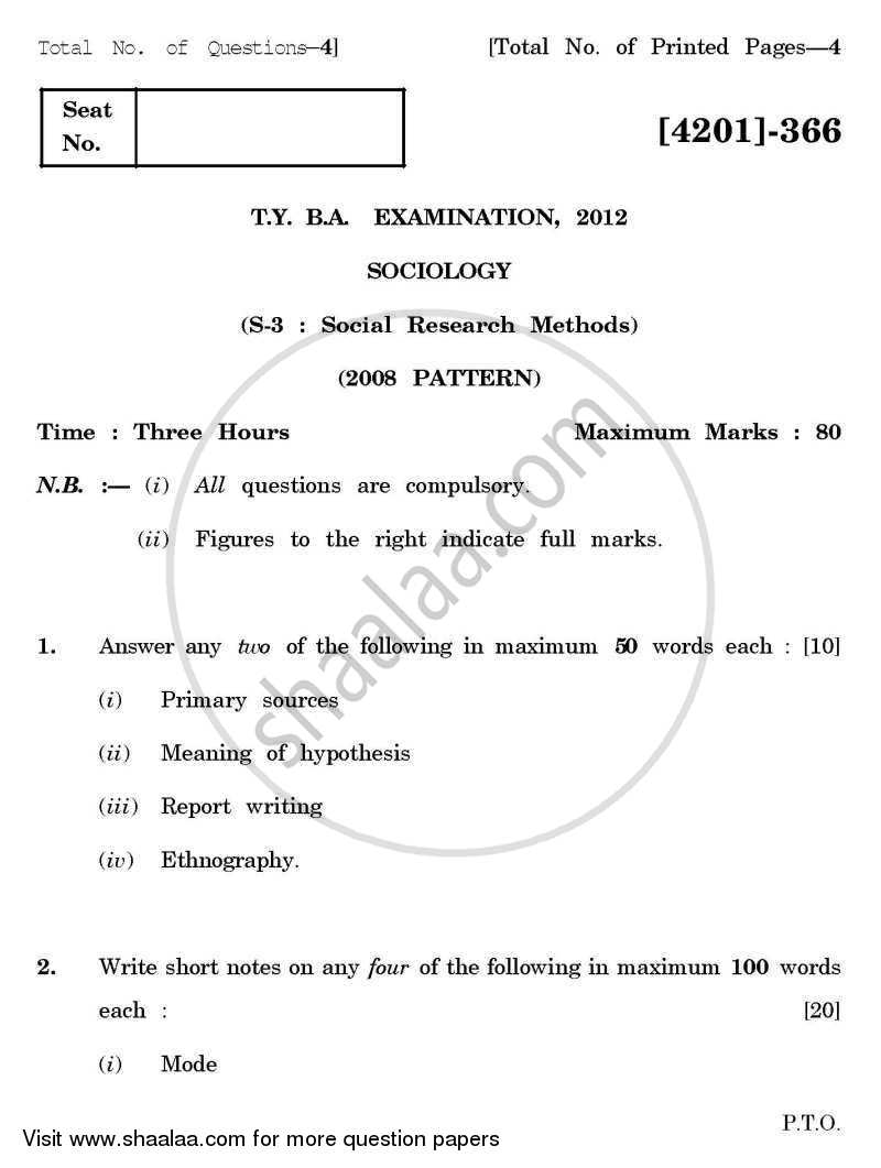 Sociology Special paper 3- Social Research Methods 2012-2013 - B.A. - 3rd Year (TYBA) - University of Pune question paper with PDF download