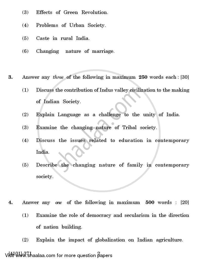 Sociology Special Paper 4- Indian Society: Continuity and Change 2011-2012 - B.A. - 3rd Year (TYBA) - University of Pune question paper with PDF download