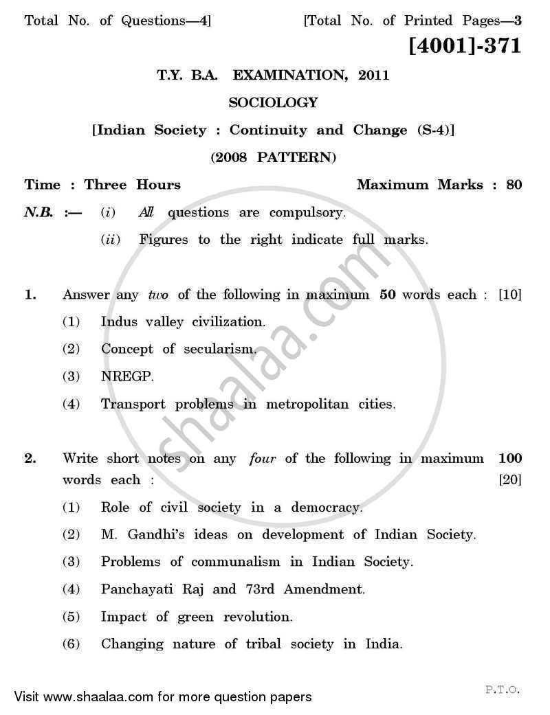 Sociology Special Paper 4- Indian Society: Continuity and Change 2011-2012 - B.A. - 3rd Year (TYBA) - University of Pune question paper with PDF download
