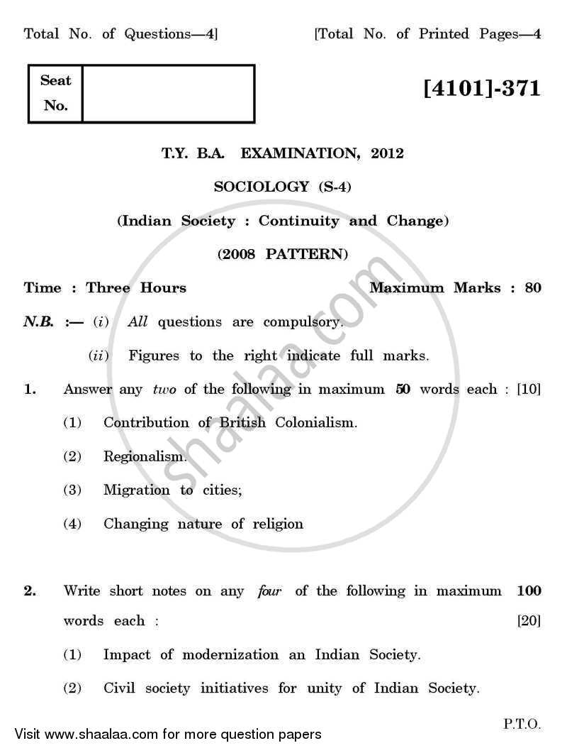 Sociology Special Paper 4- Indian Society: Continuity and Change 2011-2012 - B.A. - 3rd Year (TYBA) - University of Pune question paper with PDF download