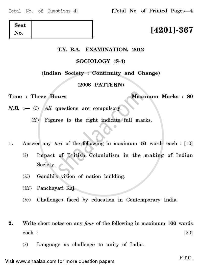 Sociology Special Paper 4- Indian Society: Continuity and Change 2012-2013 - B.A. - 3rd Year (TYBA) - University of Pune question paper with PDF download