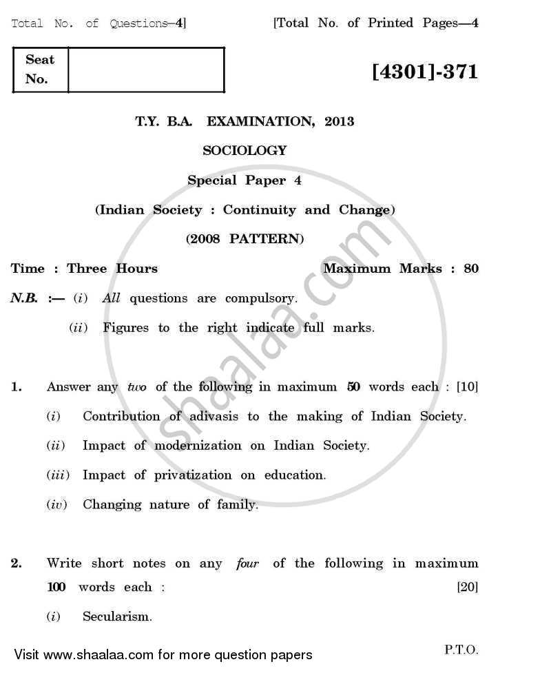 Sociology Special Paper 4- Indian Society: Continuity and Change 2012-2013 - B.A. - 3rd Year (TYBA) - University of Pune question paper with PDF download