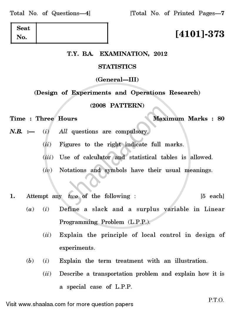 Statistics General Paper 3- Design of Experiments and Operations Research 2011-2012 - B.A. - 3rd Year (TYBA) - University of Pune question paper with PDF download